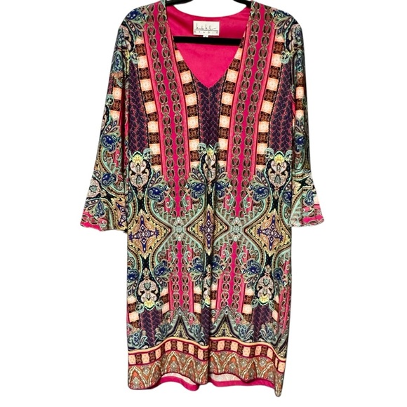 Nicole Miller Dresses & Skirts - Nicole Miller Colorful Boho Paisley  Print V-Neck 3/4 Length Bell Sleeve Dress